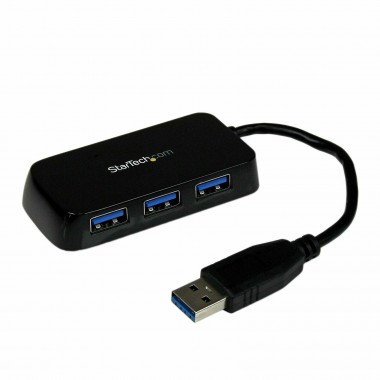 4-Port External USB 3 Black Mini Hub with Built-in Cable