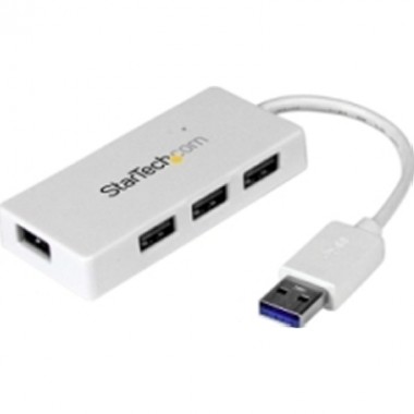 4-Port External USB 3 White Mini Hub with Built-in Cable